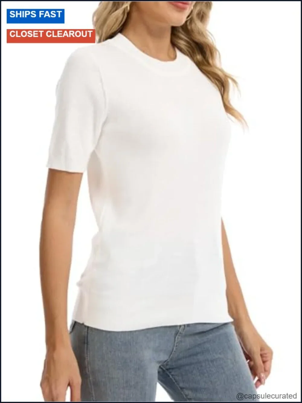 Lightweight Merino Wool Blend Short Sleeve Crew Neck Sweater Pullover